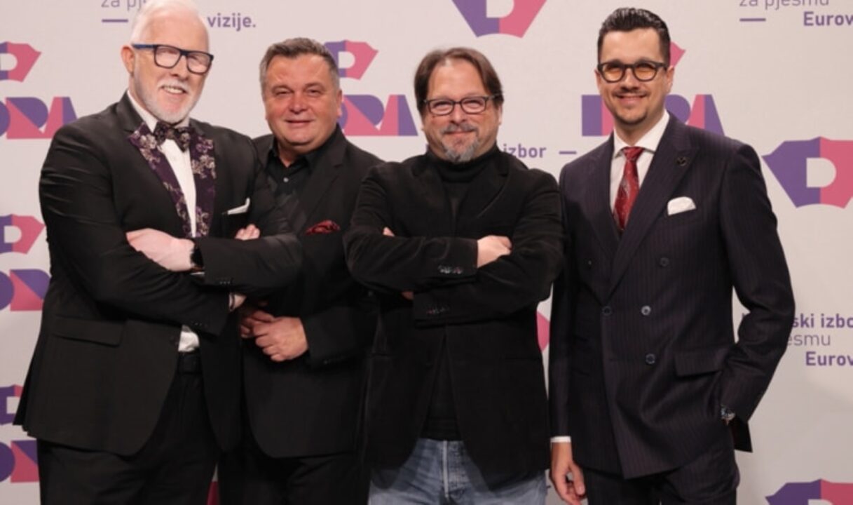 Duško Ćurlić, Mario Lipovšek Battifiaca y Marko Tolja, presentadores del Dora 2023 / Dario Njavro - HRT
