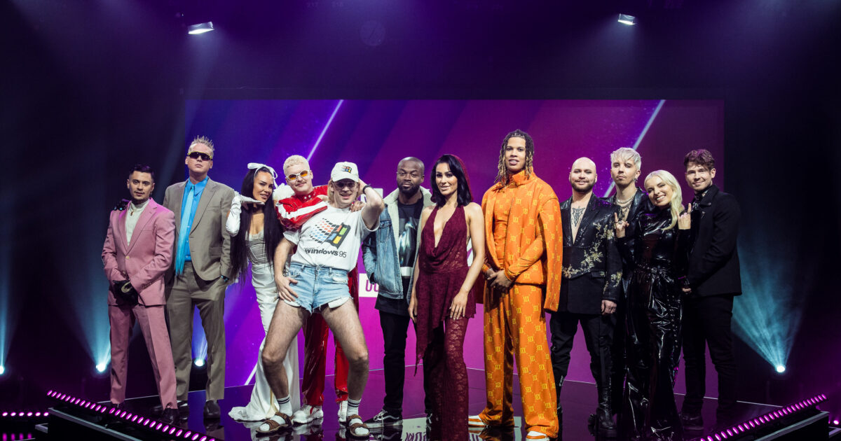 Cyan Kicks, Sexmane, Sara Siipola, Jesse Markin, Windows95man, Sini Sabotage y Mikael Gabriel x nublu, participantes del UMK 2024. Foto: Nelli Kenttä - YLE