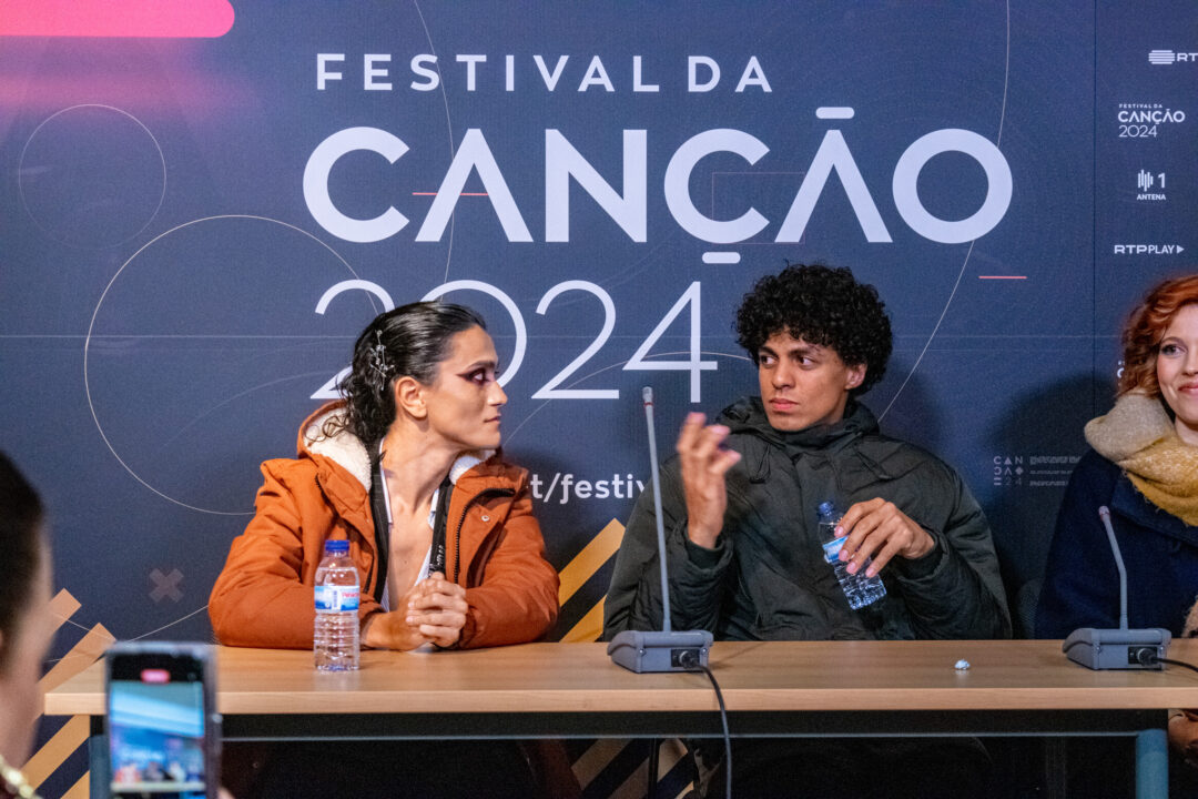 João Borsch, Leo Midea, Perpétua y Rita Rocha, durante la rueda de prensa con los finalistas del Festival Da Canção 2024 / Foto: Iván Trejo