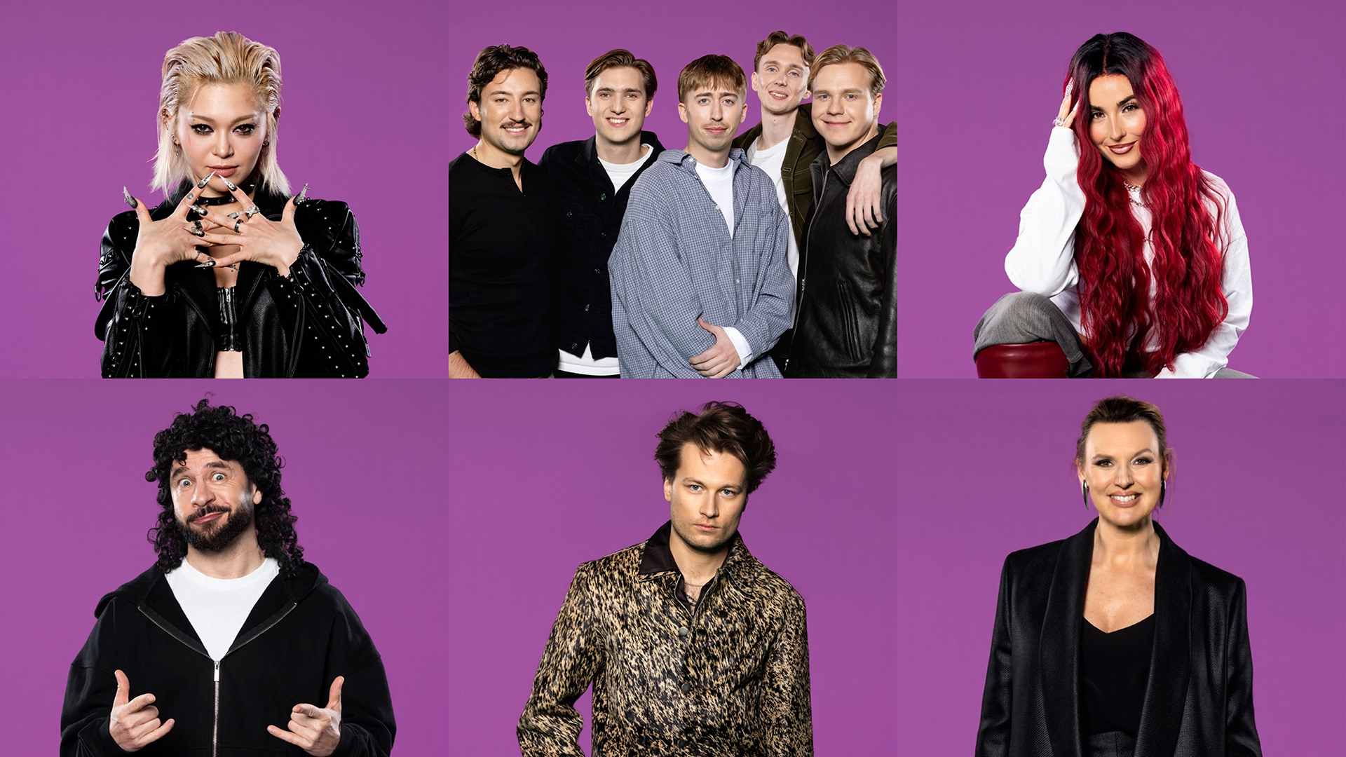 AleXa, Juliett, Bladë, Lilla Al-Fadji, Vilhelm Buchaus y Sanna Nielsen, artistas de la quinta eliminatoria del Melodifestivalen 2026 | Imagen: Magnus Liam Karlsson - SVT