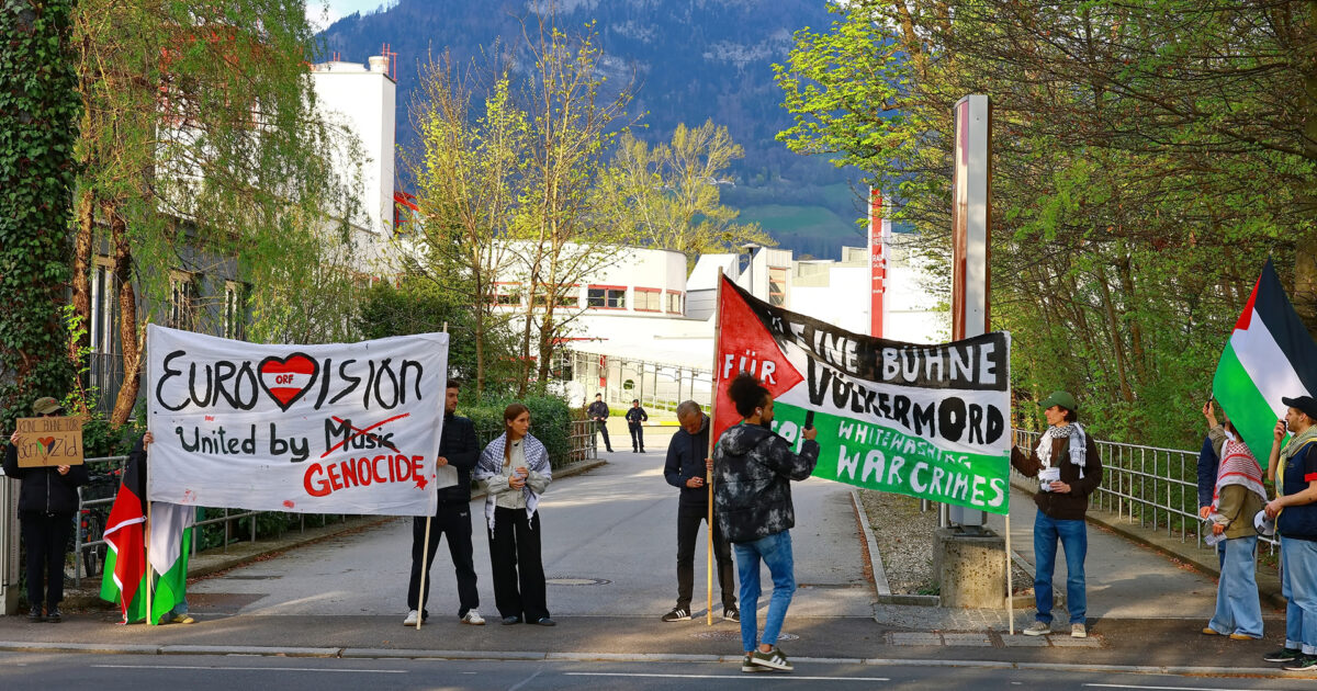Protesta contra la participación de Israel en Eurovisiòn 2026 en los estudios de ORF en Salzburgo (Austria) | Imagen: FMT-Pictures T.A. - ORF