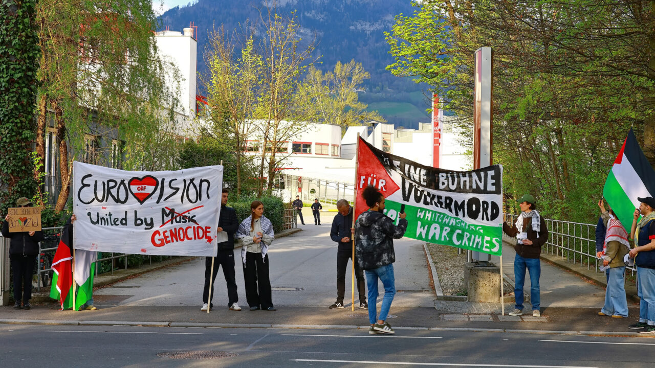 Protesta contra la participación de Israel en Eurovisiòn 2026 en los estudios de ORF en Salzburgo (Austria) | Imagen: FMT-Pictures T.A. - ORF