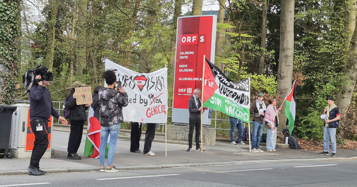Protesta contra la participación de Israel en Eurovisiòn 2026 en los estudios de ORF en Salzburgo (Austria) | Imagen: FMT-Pictures T.A. - ORF