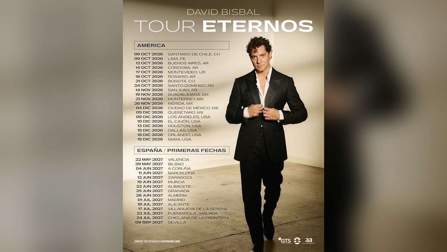 David Bisbal, en el cartel de ‘Tour Eternos’, con fechas en América en 2026 y España en 2027 | Imagen: Universal Music Spain