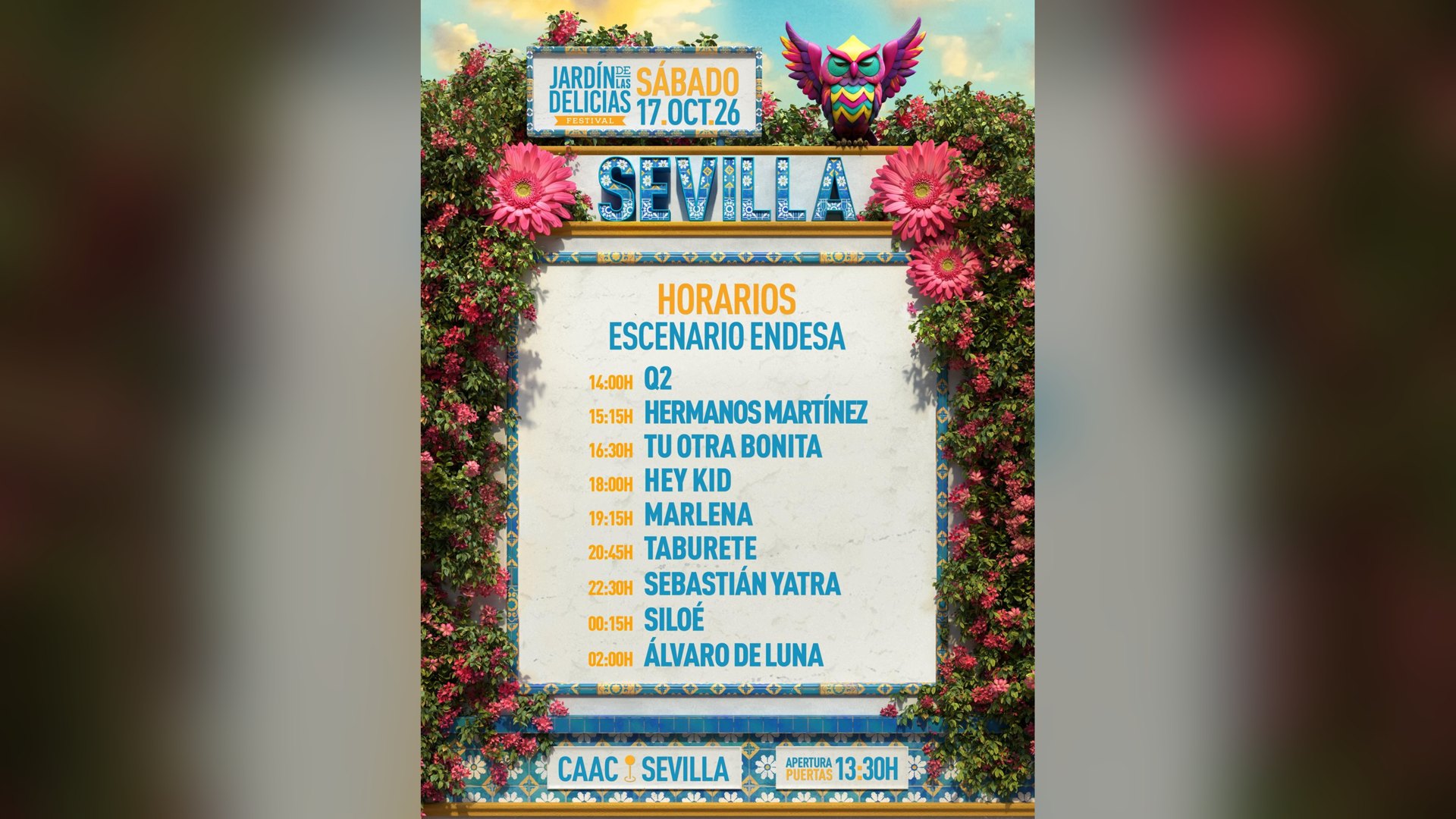 Jardín de las Delicias Sevilla, en el cartel oficial de horarios de su primera edición | Imagen: Jardín de las Delicias